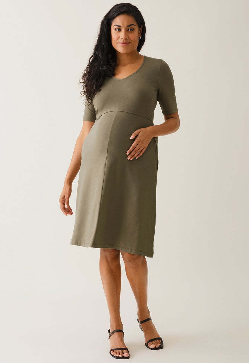 A-Linien-Stillkleid mit kurzen Ärmeln - Khakigrün
