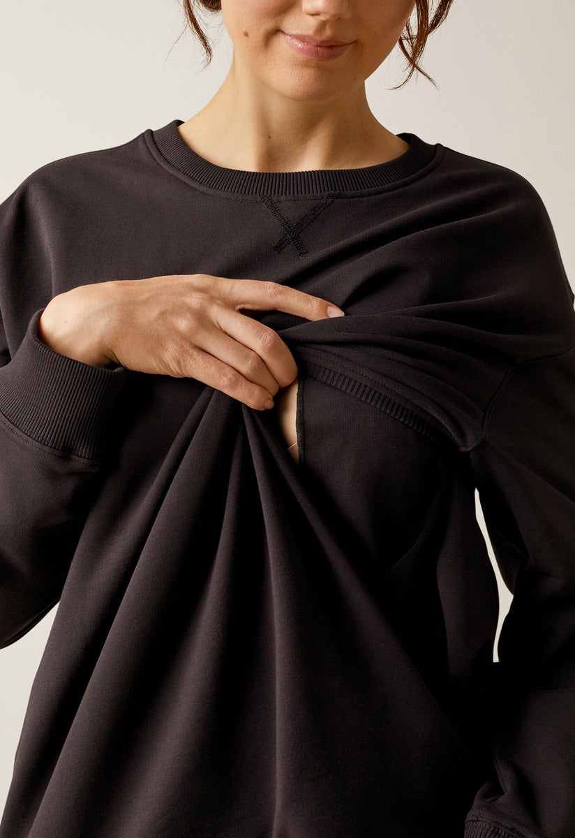 Oversized Umstandssweatshirt mit Stillfunktion - Schwarz