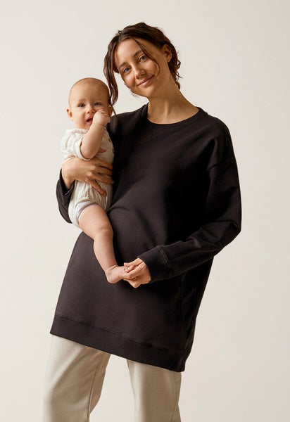 Oversized Umstandssweatshirt mit Stillfunktion - Schwarz