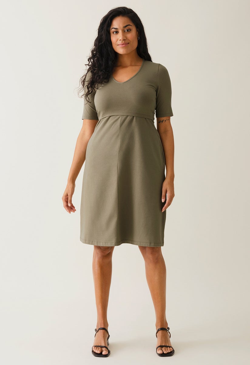 A-Linien-Stillkleid mit kurzen Ärmeln - Khakigrün