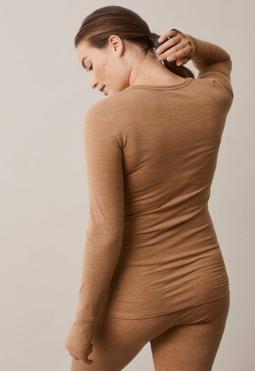 Langarm-Stilltop aus Merinowolle - Brown Melange