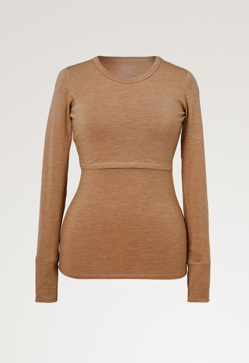 Langarm-Stilltop aus Merinowolle - Brown Melange