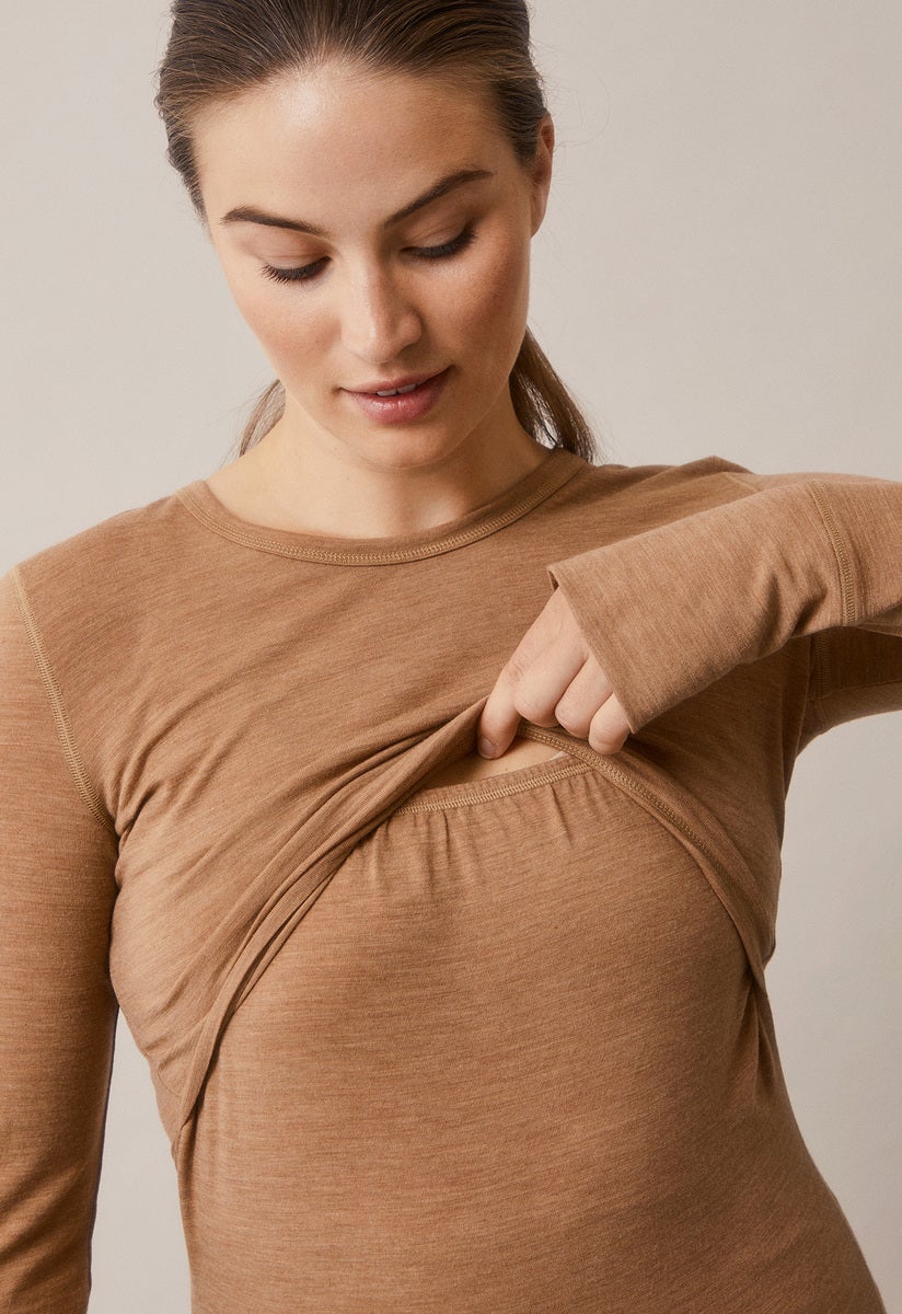 Langarm-Stilltop aus Merinowolle - Brown Melange