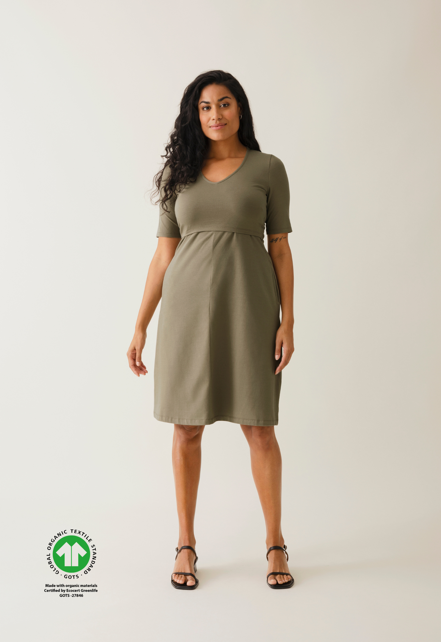 A-Linien-Stillkleid mit kurzen Ärmeln - Khakigrün
